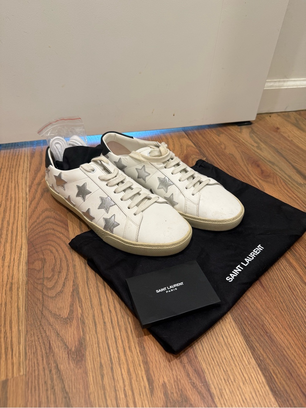 Saint Laurent White Low-Top Sneakers with Silver Star Accents